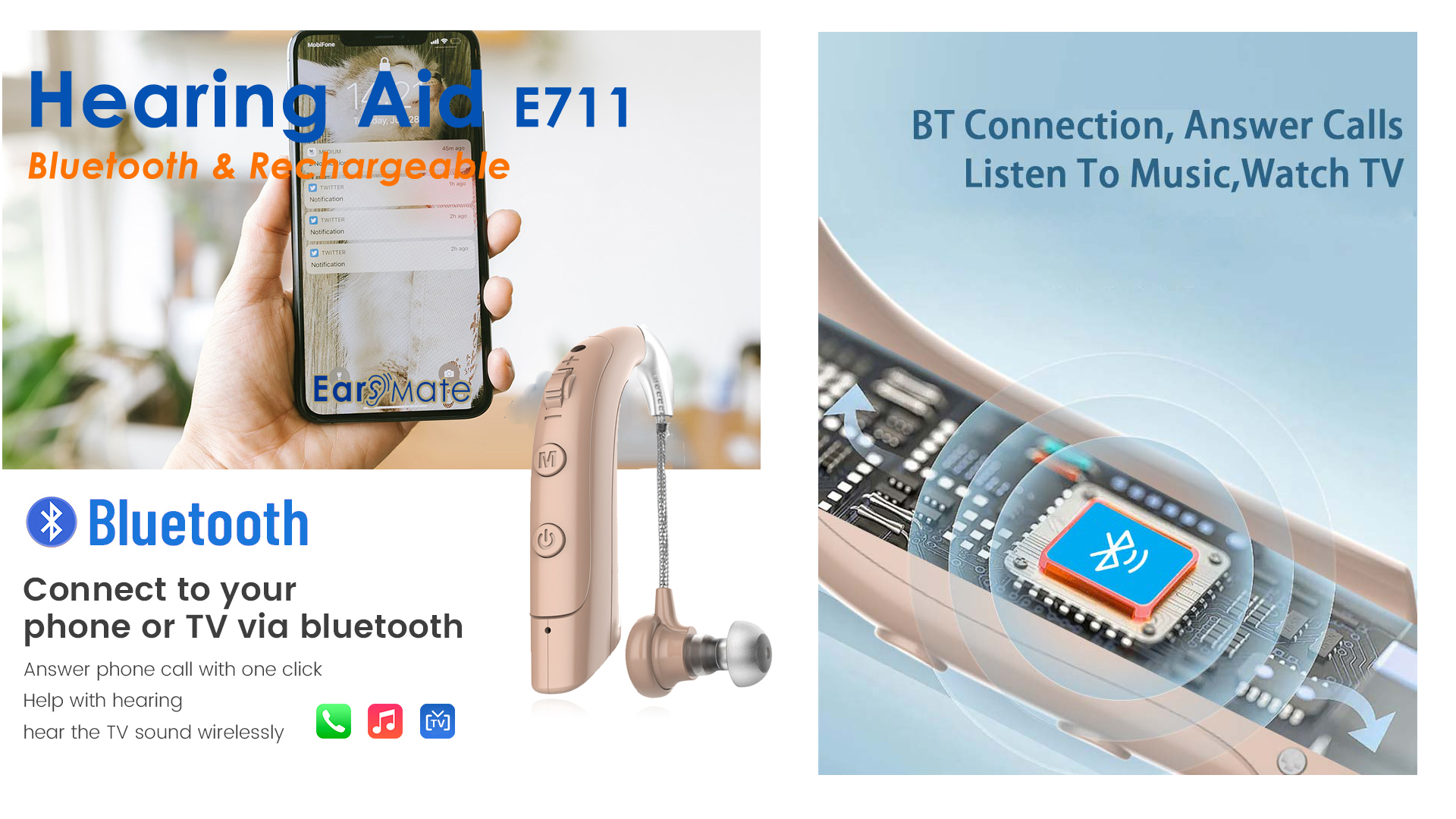 Earsmate Mini Rechargeable Smallest Bluetooth Hearing Aids with Bluetooth for Adults and Senior