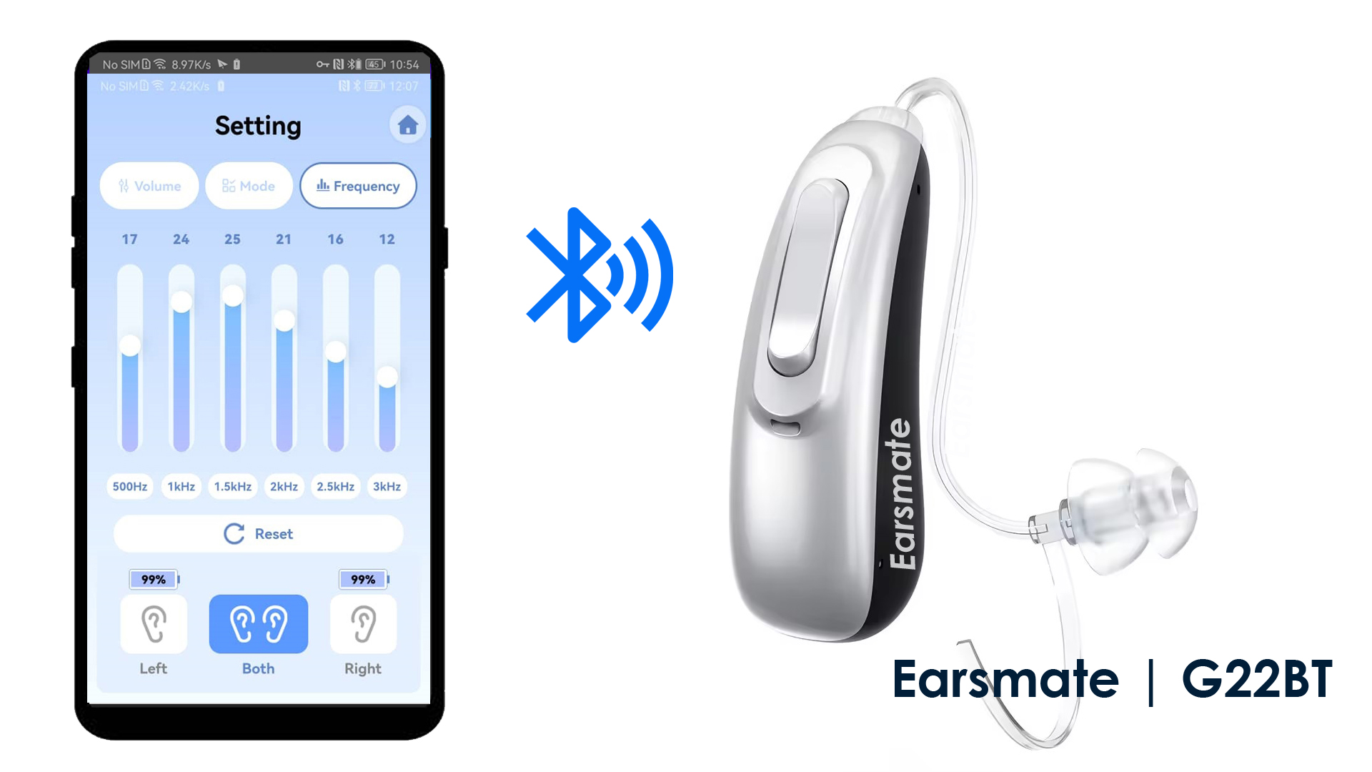 Rechargeable RIC OTC Bluetooth Hearing Aid Cell Phone App for Iphone and Android Earsmate G22BT